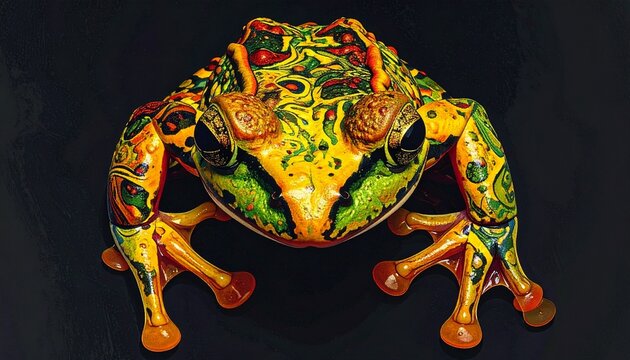 Colorful amazonian horned frog standing on dark background with amphibian wildlife tropical creature vertibrate colorful