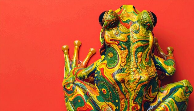 Close-up portrait of a colorful horned frog on red with amphibian colorful portrait background close-up tropical creature