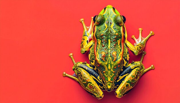 Top view of a patterned frog on solid red surface with amphibian colorful wildlife background textured tropical creature