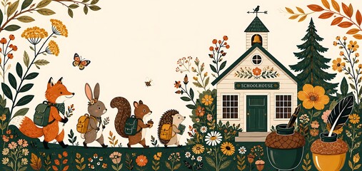 Fototapeta premium Charming forest creatures embark on an educational journey towards a quaint schoolhouse amidst autumnal foliage and blooming wildflowers evoking a sense of wonder and learning. back to school school b