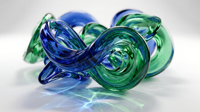 Contemporary abstract background, blue-green glass objects with light play, clean white base, shallow focus CG render
