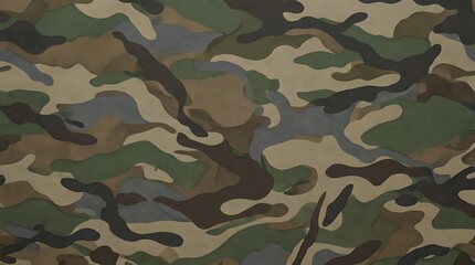 Fototapeta premium Camouflage pattern fabric texture with earth tones and green woodland design for tactical gear and outdoor apparel