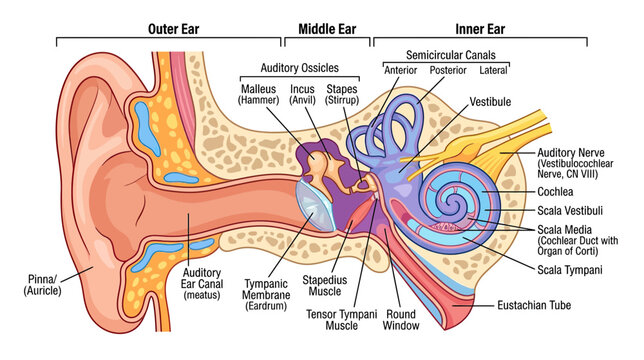 Human Ear Anatomy Diagram: Outer, Middle, and Inner Ear Structure