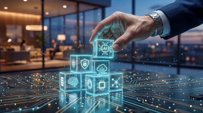 Hand stacking AI and holographic technology data blocks in glowing circuit board office