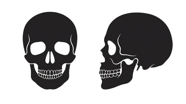 Silhouette of a human skull shown from the front and side profile view, isolated against a stark white background with a dark, graphic aesthetic