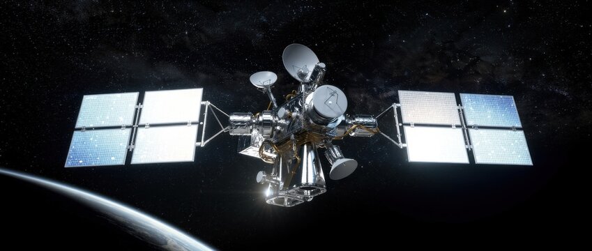 Advanced Spacecraft in Orbit Against a Starry Sky with Planetary Surface Below, Showcasing Modern Technology and Aerospace Innovation