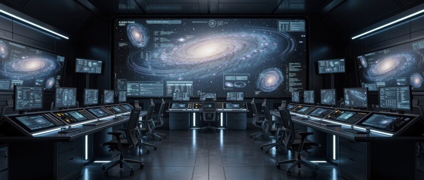 Futuristic Control Room with Multiple Monitors Displaying Galaxy and Data, Ideal for Sci-Fi or Space Exploration Themes