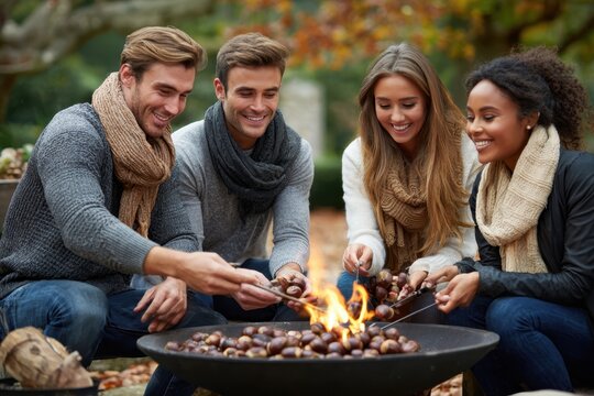 Friends enjoy roasting chestnuts around a fire pit in a beautiful autumn park