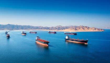 Fototapeta premium multiple oil tankers sailing through strait of hormuz bright daylight over calm sea with desert mountains symbolizing global energy flow and oil supply routes minimal corporate concept