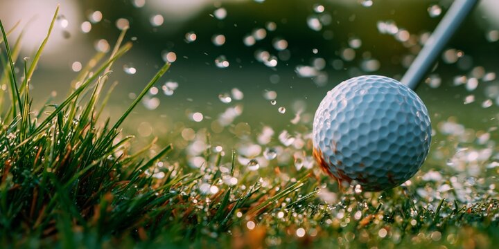 A close-up of a white golf ball being struck on a green grassy field with water droplets flying in the air.