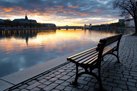 Beautiful sunset reflection over a calm river with a bench in Lyon, France
