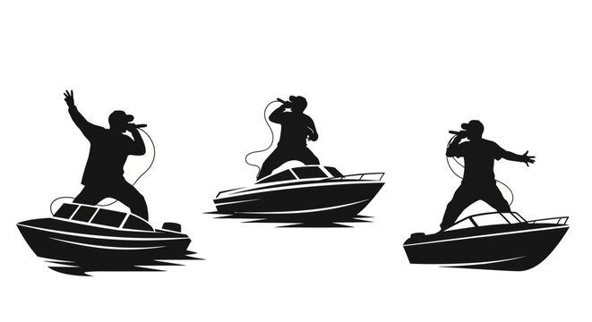 Silhouette of people singing on boats at sea.