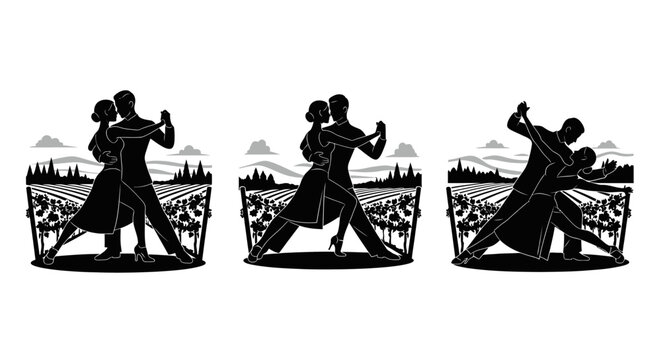 Silhouette of dancers in elegant poses against cityscape.