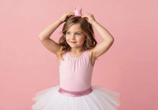 Adorable Little Girl in Pink Ballerina Tutu and Crown Headband Posing Against a Solid Pink Background for Princess Theme