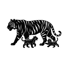 Obraz premium Black silhouette of a mother tiger walking with two cubs isolated on transparent background