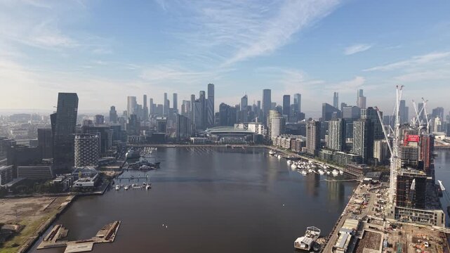 Melbourne city skyline aerial view with docklands harbour