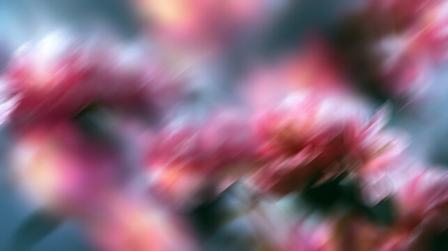 Abstract artwork displaying blurred pink and red floral shapes with a soft focus effect, distributing color and light across the frame to create an artistic surface
