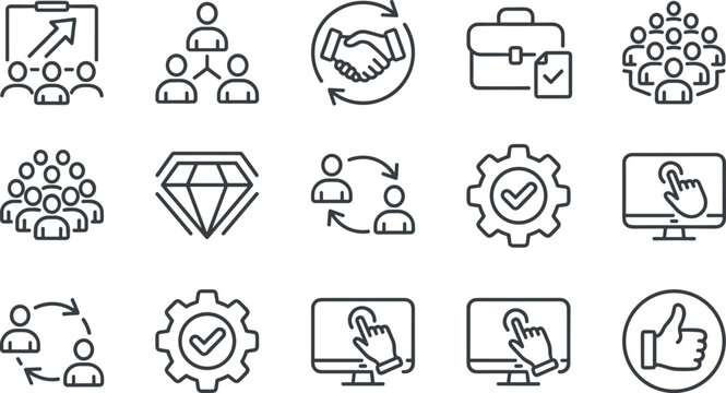 Collection of fifteen organizational business icons for corporate team structure and digital process flow.