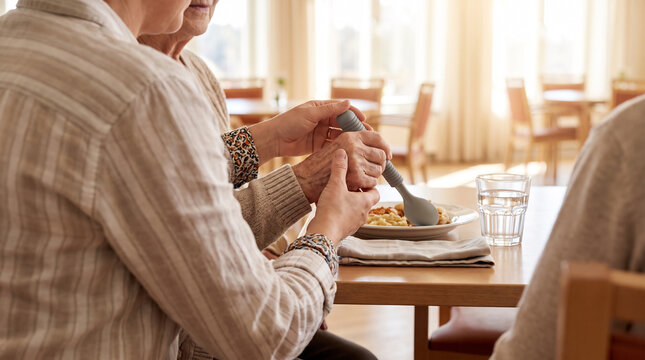 Coordinator guiding a resident's hand around a large grip adaptive spoon at a set dining hall table photographed from behind