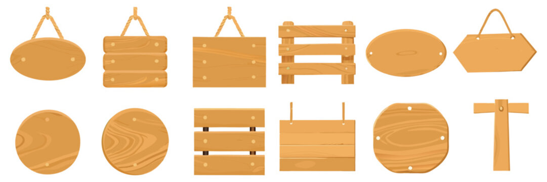 A collection of blank hanging timber plaques, geometric wooden boards, and simple direction signposts with smooth wood grain textures