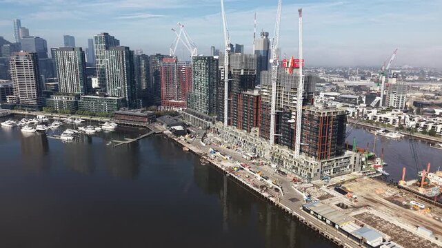 Aerial view of waterfront construction and cityscape