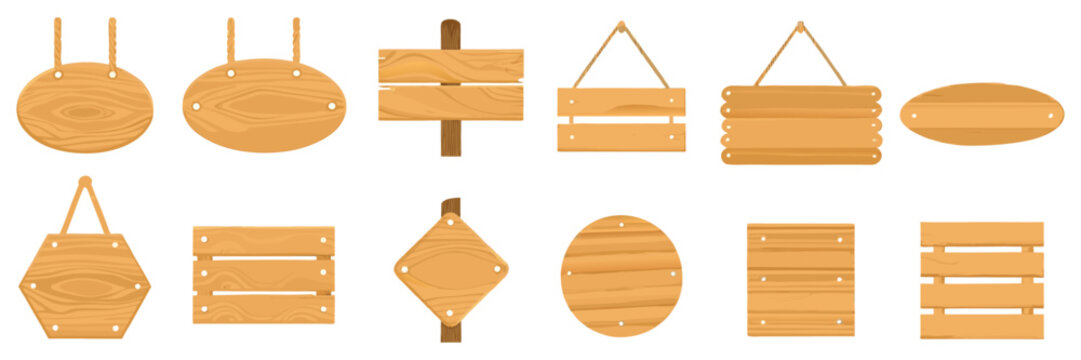 A collection of blank hanging wooden plaques, multi-board timber signs, and geometric direction posts with a smooth grain texture, ideal for rustic message design and game UI menus.