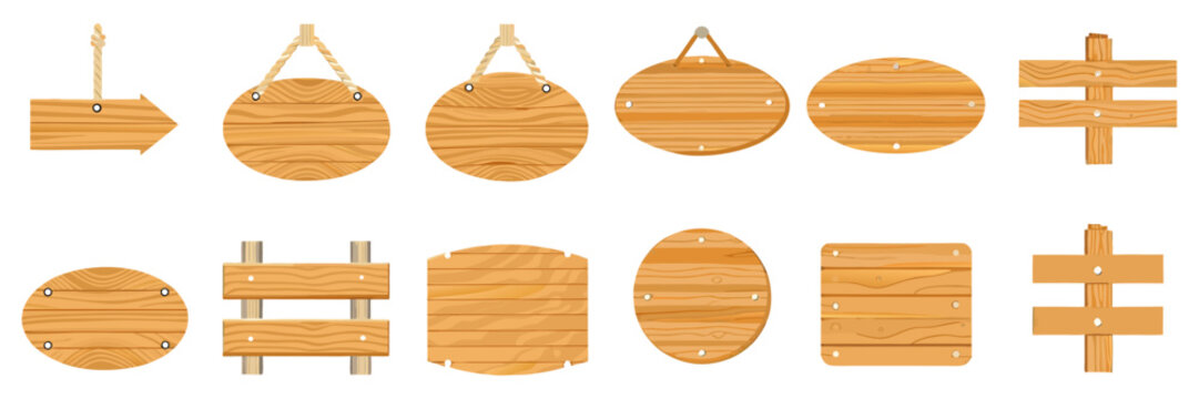 A collection of blank hanging wooden plaques, multi-board signposts, and textured timber panels with ropes, ideal for rustic message design and game navigation UI components.