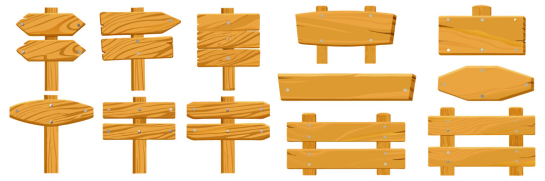 A comprehensive set of rustic wooden signposts, directional arrow boards, and blank timber plaques featuring natural wood grain textures secured with metal screws.