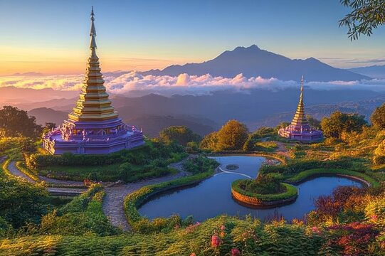 two ornate golden pagodas on a misty mountaintop with terraced gardens, reflective ponds, winding stone paths and a glowing sunrise over distant peaks, serene and awe-inspiring