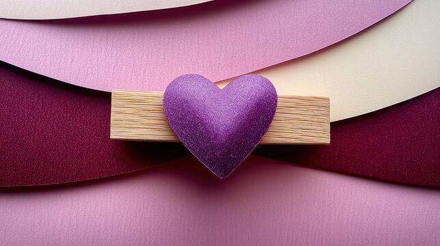 purple glitter heart clipped on a wooden clothespin over layered pink cream and burgundy paper, warm romantic and crafty mood