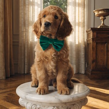 Cute Golden Puppy Wearing Green Bow Tie Indoors