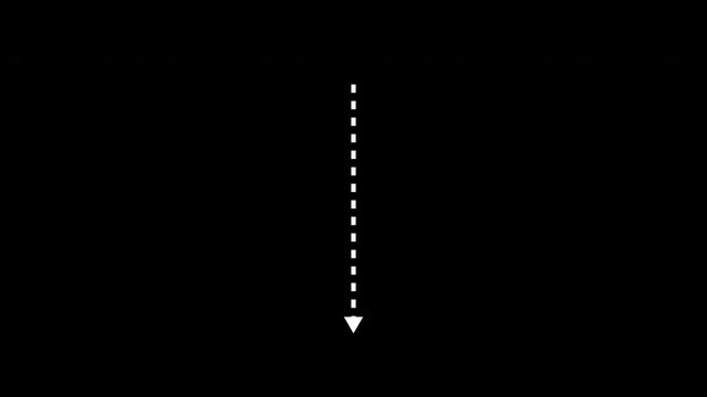Down arrow direction icon with dotted line animation on Black background. white straight arrows animation. Reveal animation of solid. 4K video