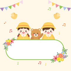 Fototapeta premium Cute Preschool Floral Memo Frame Template with Happy Kids and Bear for Back to School and Graduation