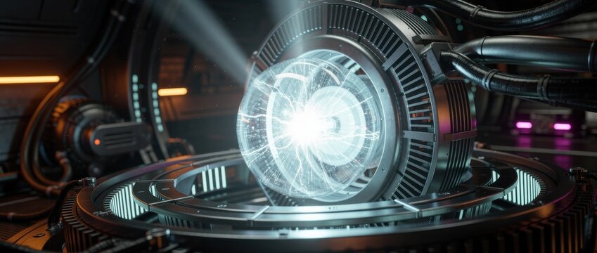 Futuristic Energy Core with Bright Light Emitting from a Complex Machine in a Sci-Fi Laboratory Setting Representing High Technology Innovations