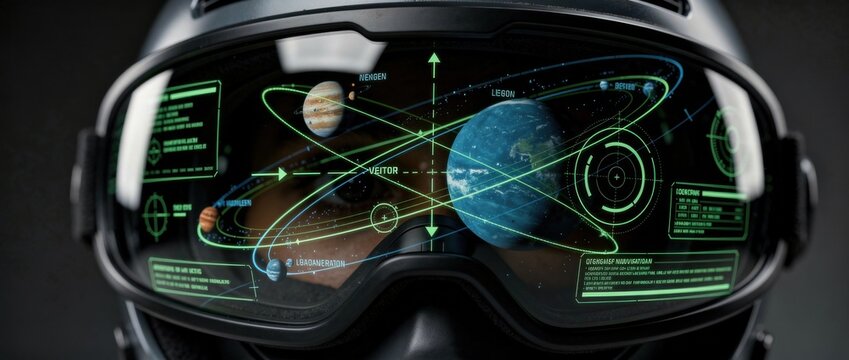 Futuristic helmet with advanced heads-up display showcasing planets, data readouts, and space navigation elements in a sleek, dark environment