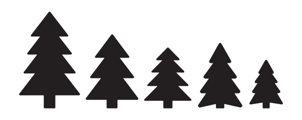 Obraz premium Row of five different sized pine trees in black silhouette for landscape graphic layouts.