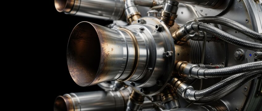 Close-Up View of Turbojet Engine Components with Shiny Metal Pipes and Exhaust Nozzle for Aerospace and Automotive Industry Applications