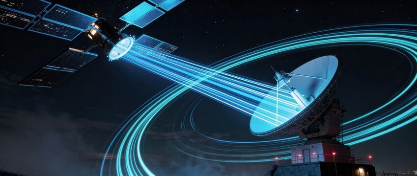 Futuristic Satellite Communication System with Blue Light Beams Radiating from Dish Antenna to Starry Night Sky in a Space Concept Environment