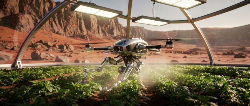 Futuristic Robot Assisting in Plant Growth Inside a Greenhouse on Mars with Rocky Landscape in Background