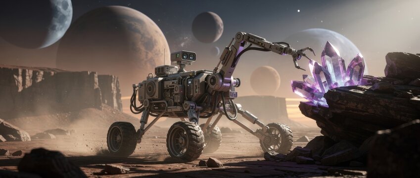 Futuristic robotic explorer discovering alien crystal formations on a distant planet with a stunning cosmic background and distant celestial bodies