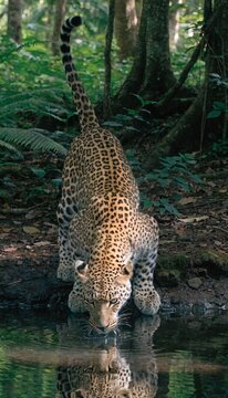 The leopard drinks water from the stream.