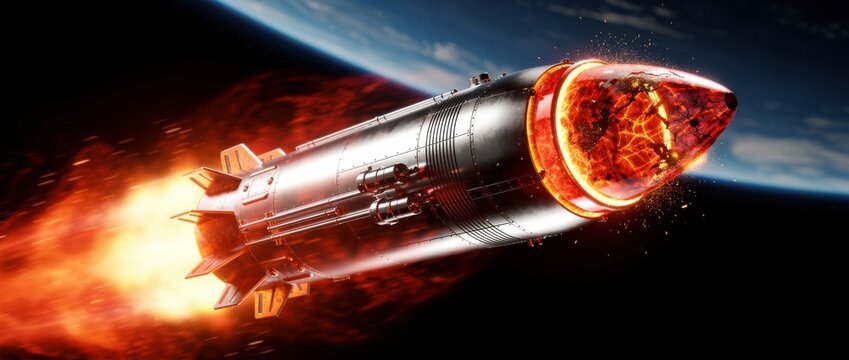 Rocket Launching Into Space with Fiery Exhaust and Earth View in Background, Symbolizing Exploration and Technological Advancement, High-Quality Digital Art