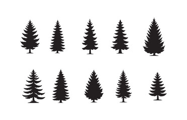 Fototapeta premium Ten diverse coniferous pine tree silhouettes for detailed forest scene graphic elements.
