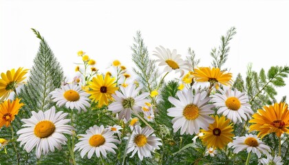 Fototapeta premium Wildflovers Border Isolated On White Background Floristic Border Of Realistic Wildflovers On Transparent Background Chamomile Flowers With Green Leaves On Transparent Background