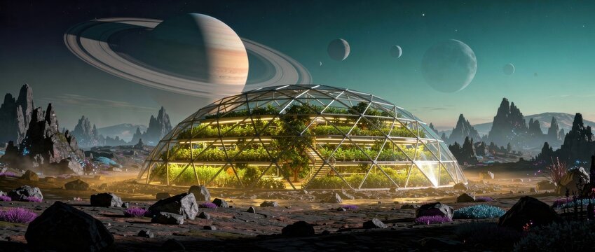 Futuristic biodome in alien landscape with Saturn-like planet and colorful extraterrestrial flora under star-filled sky