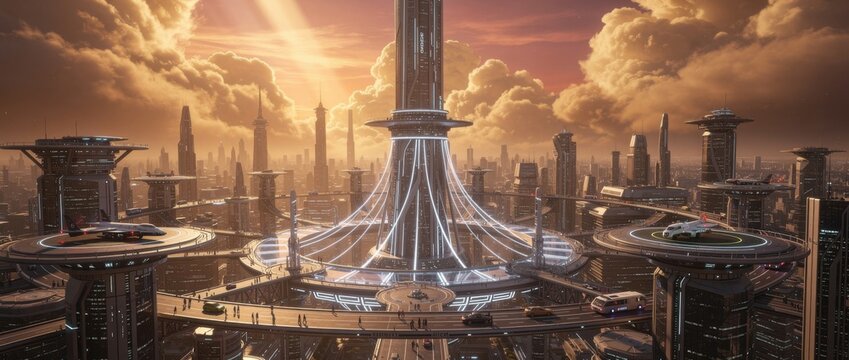 Futuristic cityscape with towering structures, advanced architecture, glowing lights, and dynamic transportation systems at sunset sky backdrop