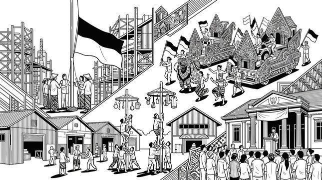 Indonesia independence vector scenes with parade and flag ceremony