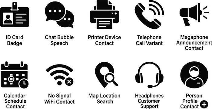 Set of ten solid icons related to contact and communication including chat bubble and telephone.