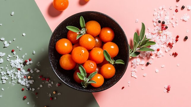 Flat lay of a black ceramic bowl filled with vibrant orange heirloom cherry tomatoes
