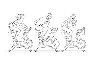Obraz premium Exercise Bikes With Riders Monoline Vector Illustration